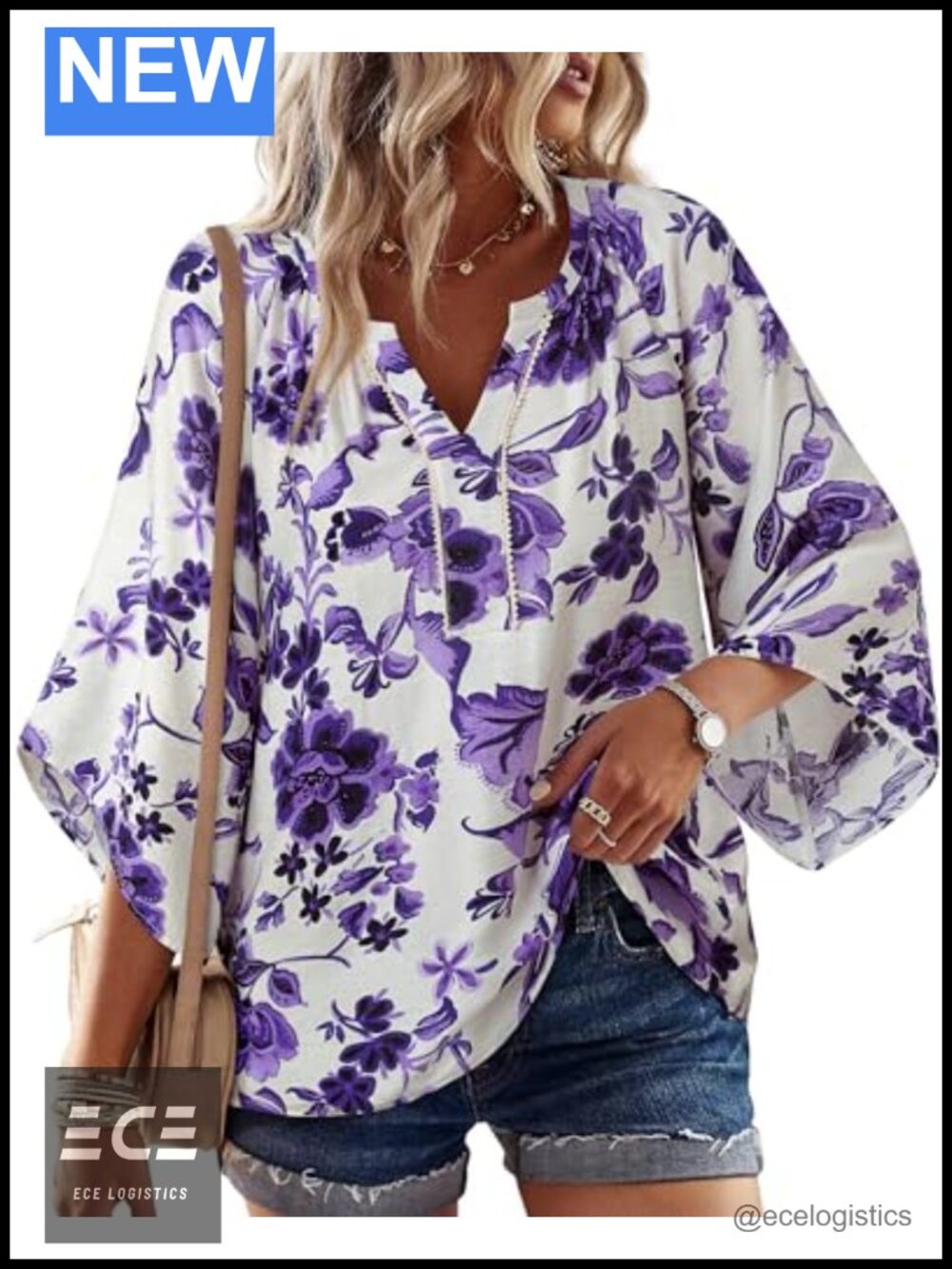 Womens Boho Tunic Top 3/4 Bell Sleeve V Neck Loose Floral Blouse